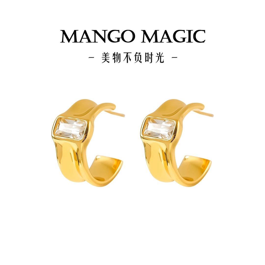 铜合金合成锆石耳饰 法式轻奢时尚简约金色镶嵌C圈耳环 232-10052