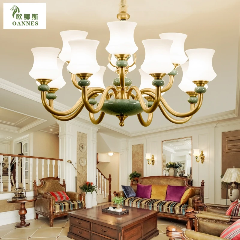 全铜吊灯别墅客厅灯陶瓷灯现代简约大气复古卧室餐厅吊灯家用大厅