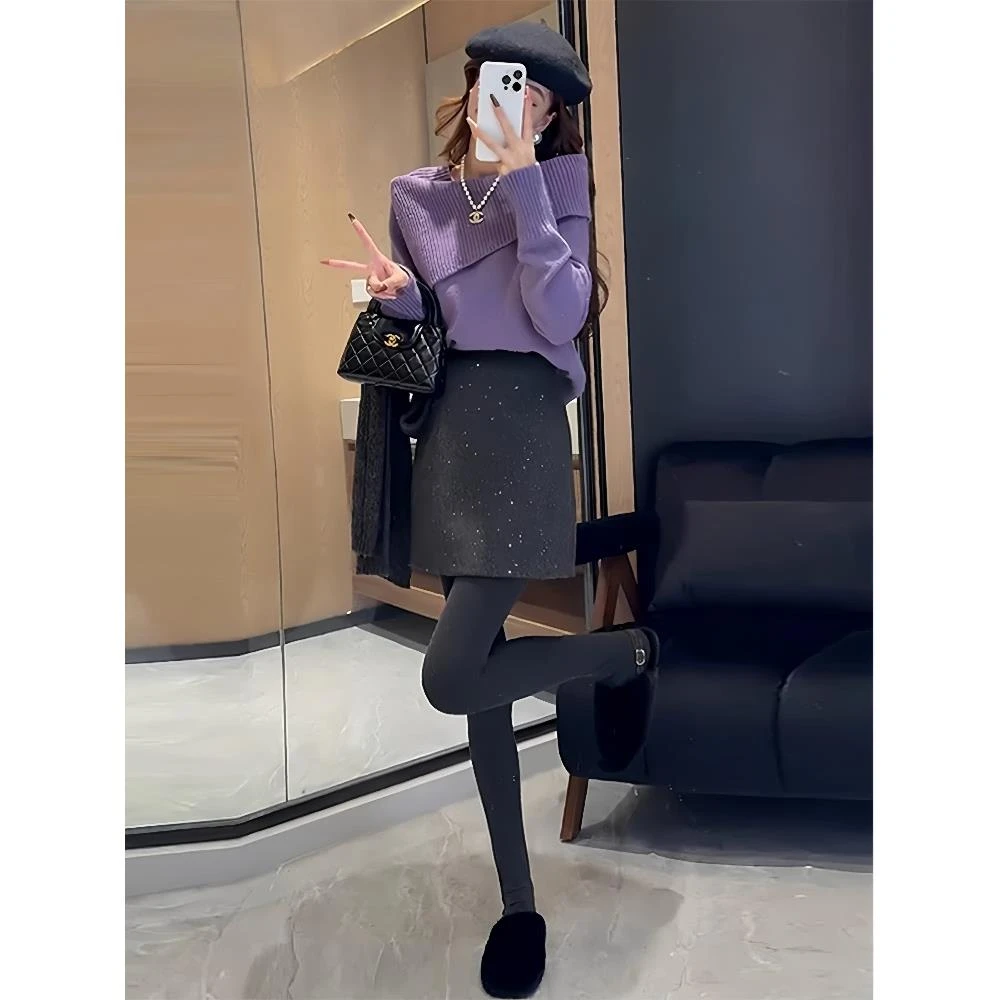 入冬毛衣穿搭一整套装女韩系小香风一字领长袖针织衫半身裙两件套