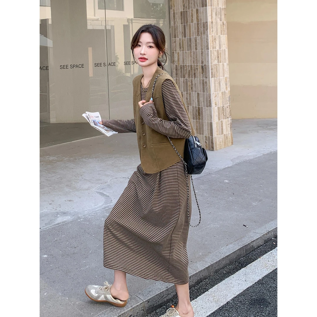 复古马甲条纹长袖连衣裙套装女2025秋季慵懒风宽松休闲长裙两件套