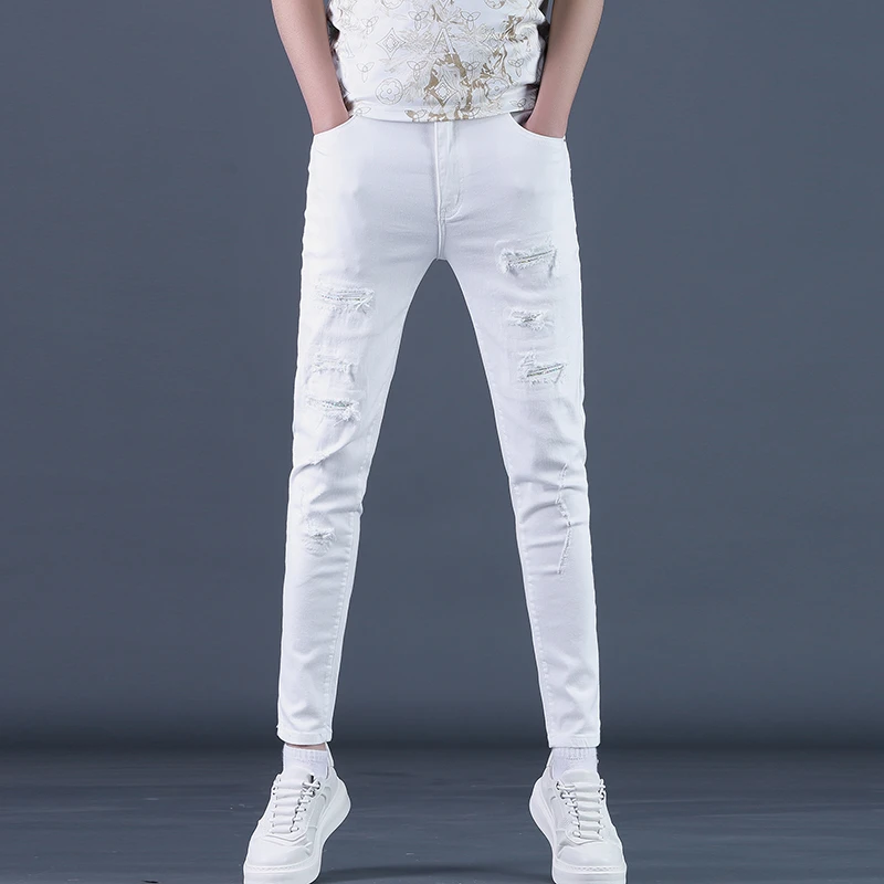 白色破洞补丁牛仔裤男士春夏季潮流百搭薄款九分裤弹力舒适小脚裤