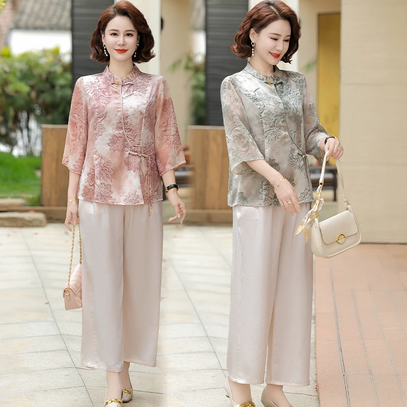 中年妈妈春装七分袖衬衣套装2025新款洋气质中老年女装小衫两件套
