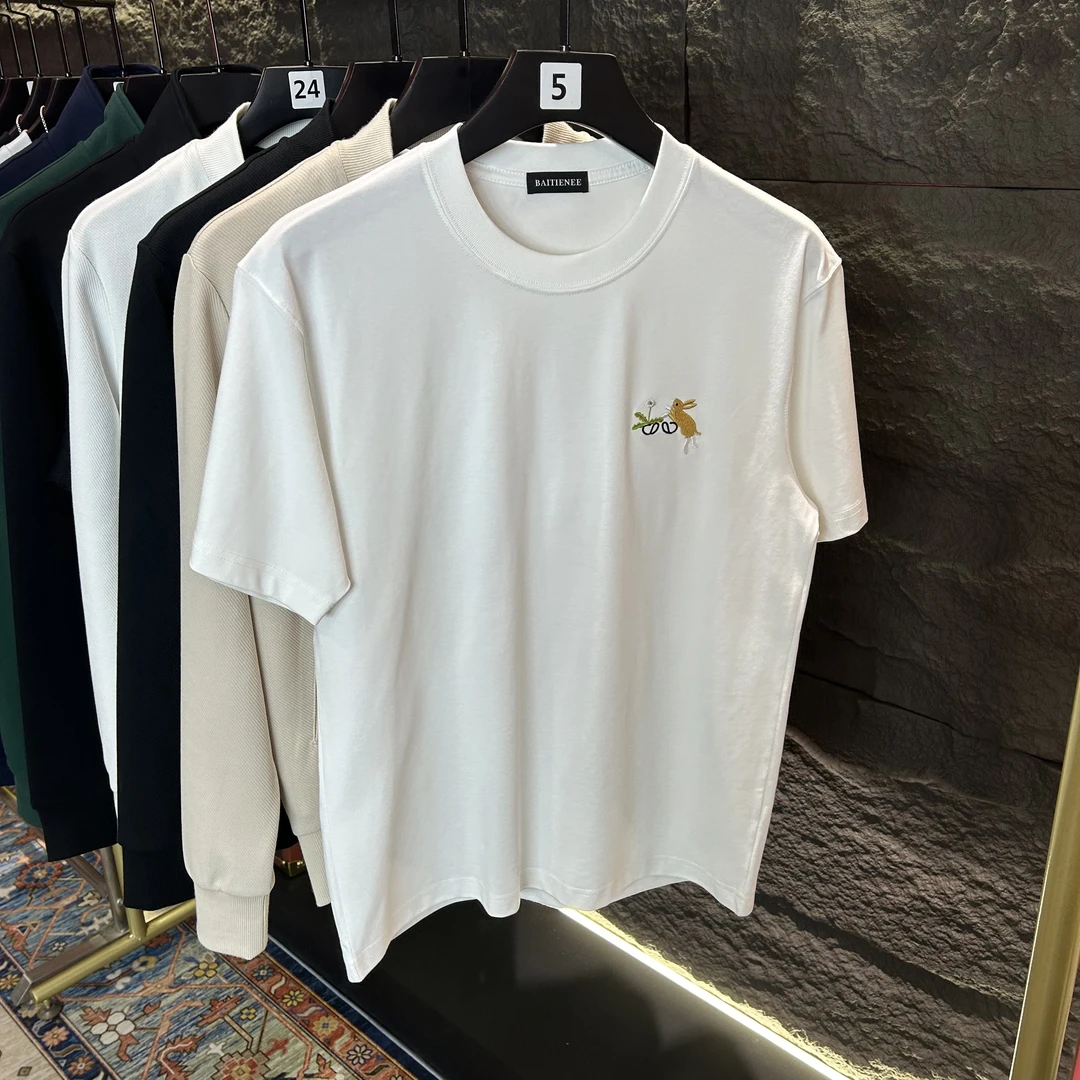 新款罗罗兔子刺绣白色短袖T恤上衣纯棉半袖圆领男女同款潮流休闲