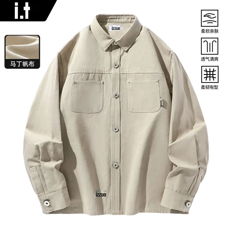 i.t izzue工装法式复古衬衫高档外套男款潮翻领阿美咔叽男士衬衣