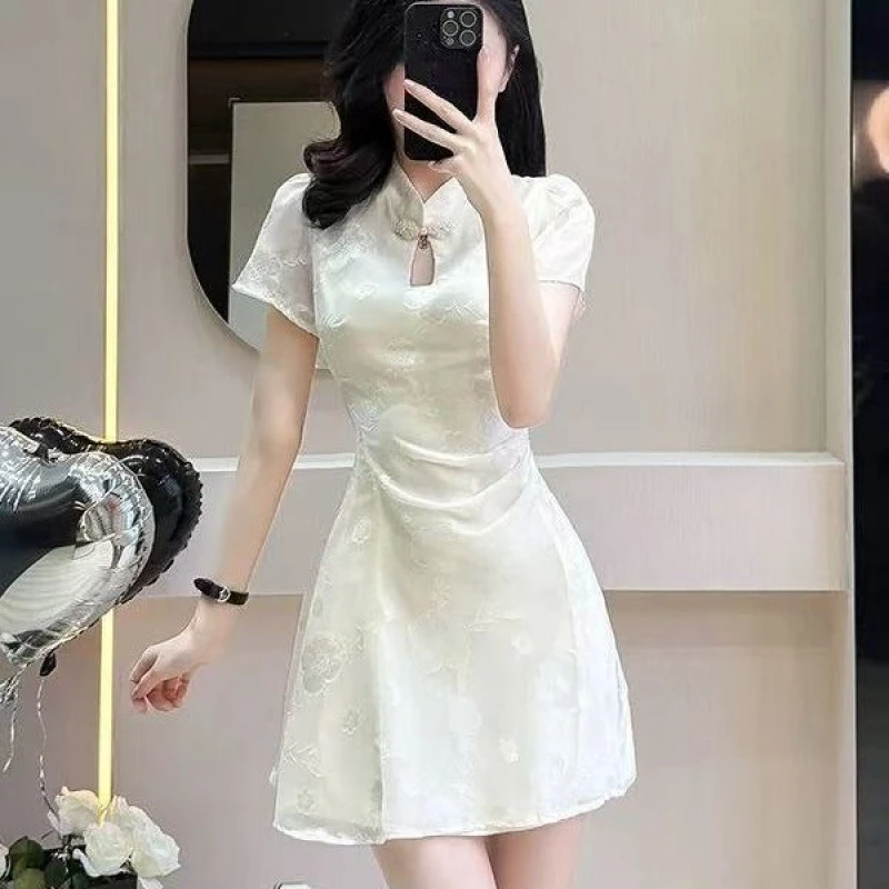 法式新中式提花短袖改良旗袍连衣裙女夏高级感气质收腰a字短裙小