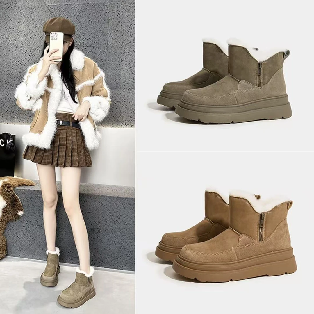 条纹短筒磨砂皮冬季时尚雪地靴加绒筒靴百搭秋冬时尚