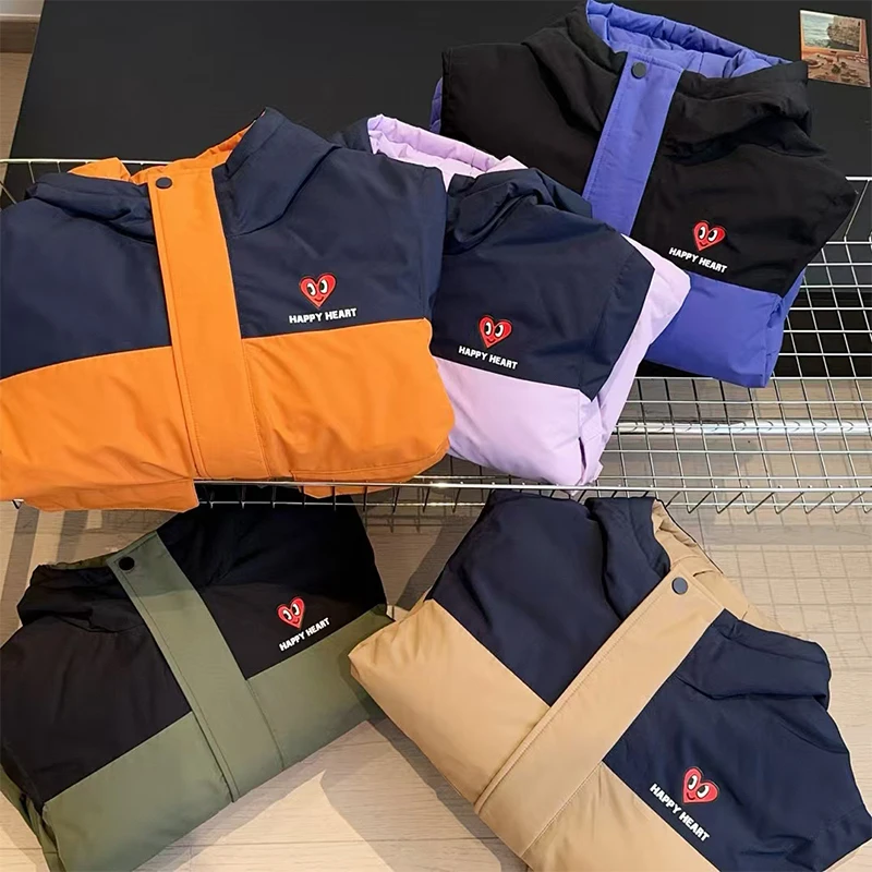 查尔斯桃心三防羽绒服拼接撞色儿童冬季工装风正反两面穿连帽外套