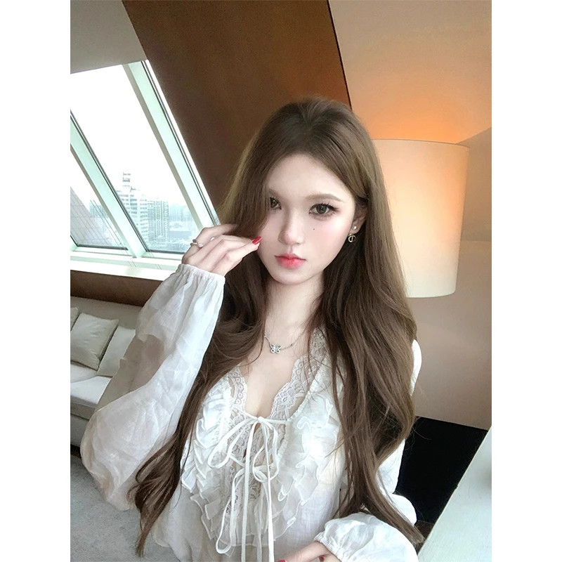 法式白色蕾丝拼接系带长袖衬衫早秋季设计感洋气减龄通勤百搭上衣