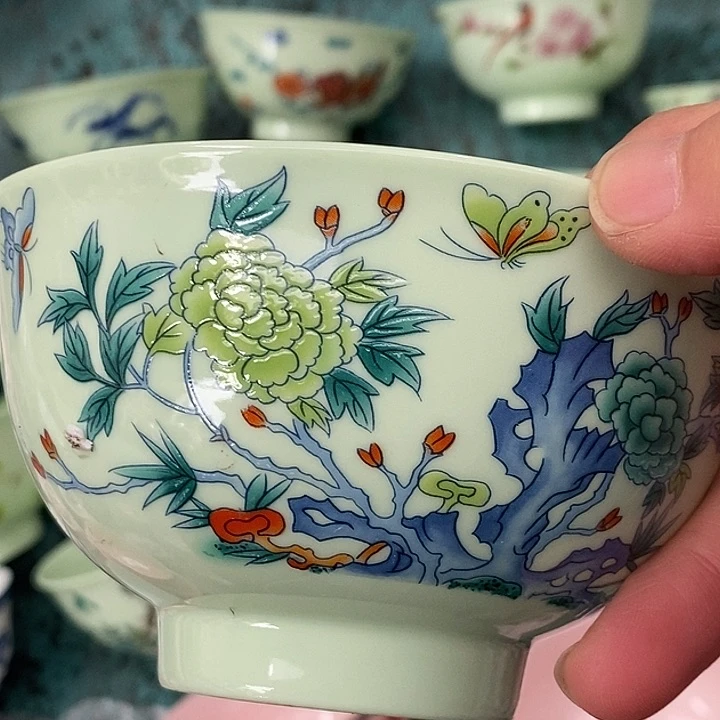 摆件陶绿稀土蝴蝶牡丹五寸碗