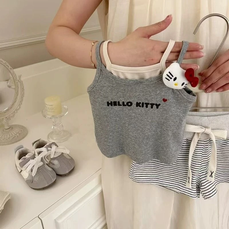 上衣森系女无袖套装设计感文字纯色夏季卡通风童装女童洋气韩版