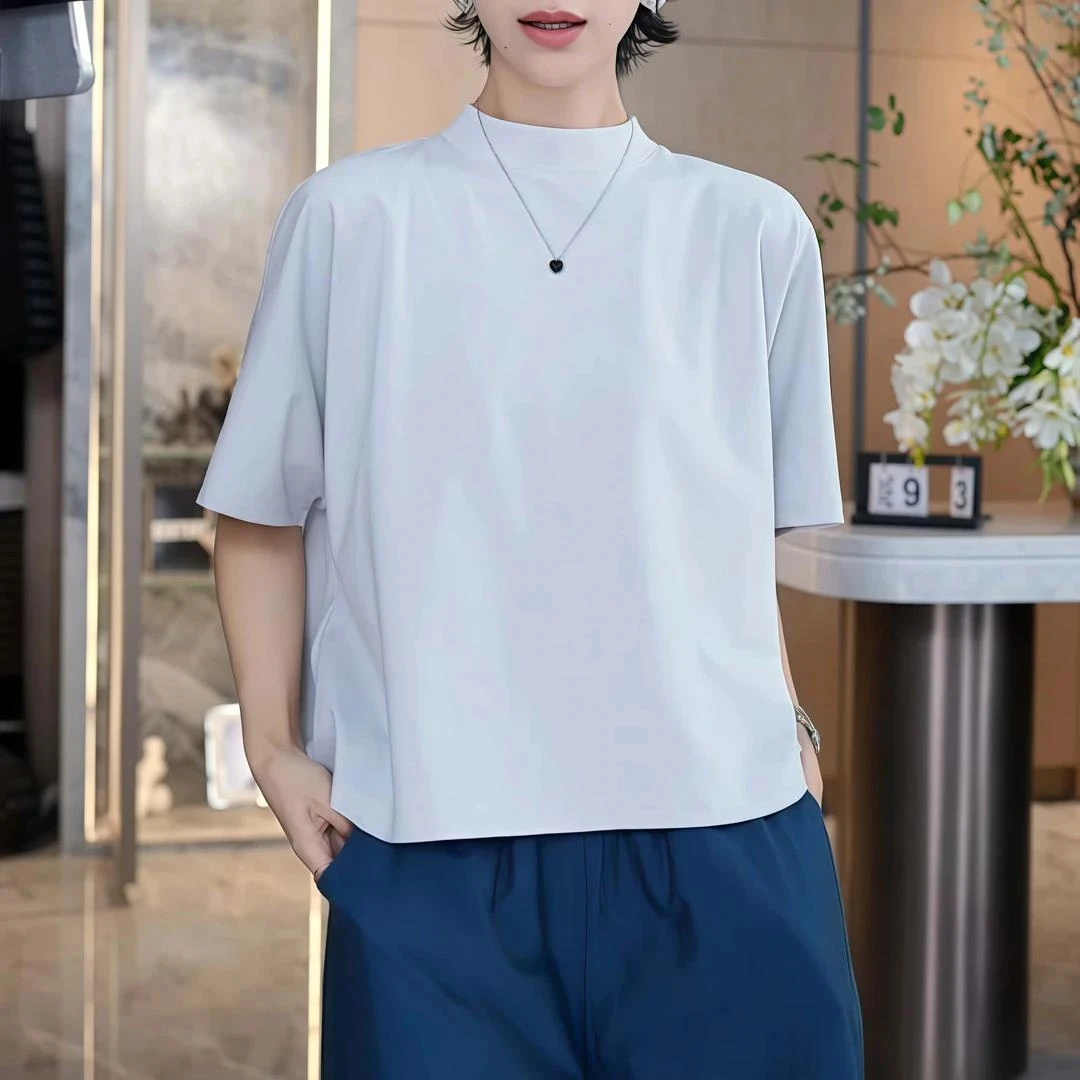 显瘦宽松半高领短袖T恤女夏季薄款胖MM大码女装后背纽扣时尚上衣