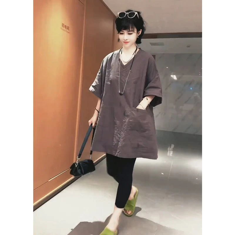 休闲慵懒风大码宽松V领棉麻衬衫欧洲站2025夏季新款百搭纯色上衣