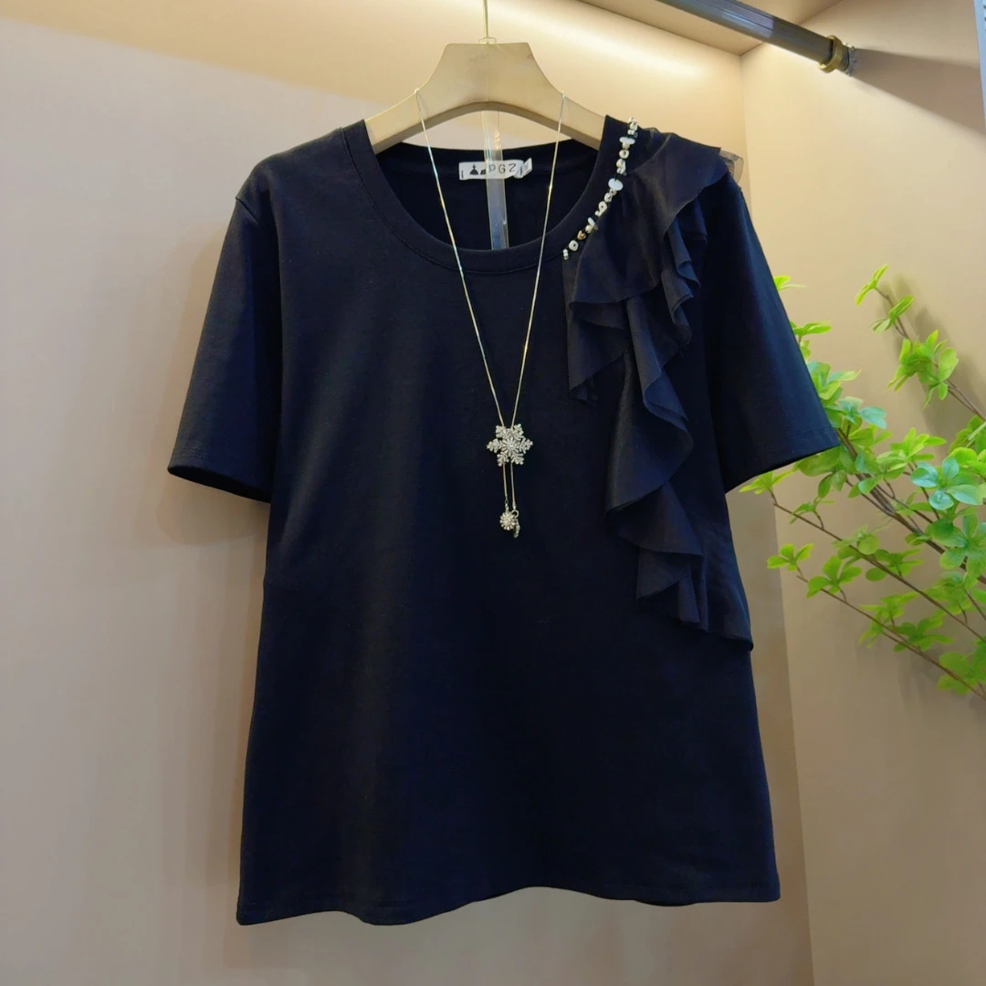 2025年夏季气质时尚洋气宽松百搭圆领花边设计感上衣（长62左右）