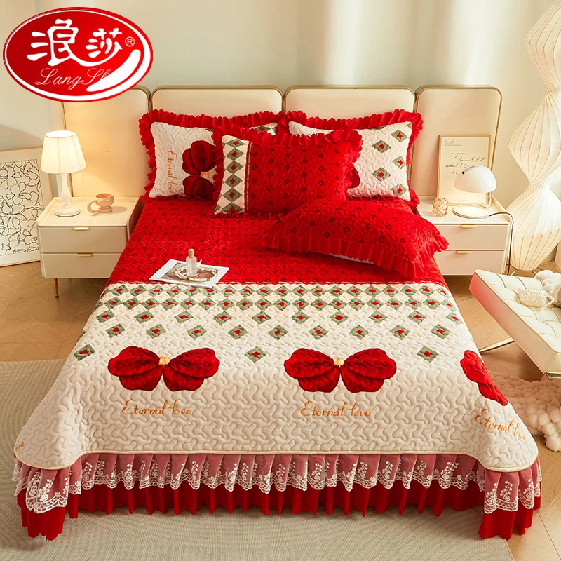浪莎加厚牛奶绒床盖单件冬季加绒珊瑚绒法兰绒夹棉床单炕盖三件套