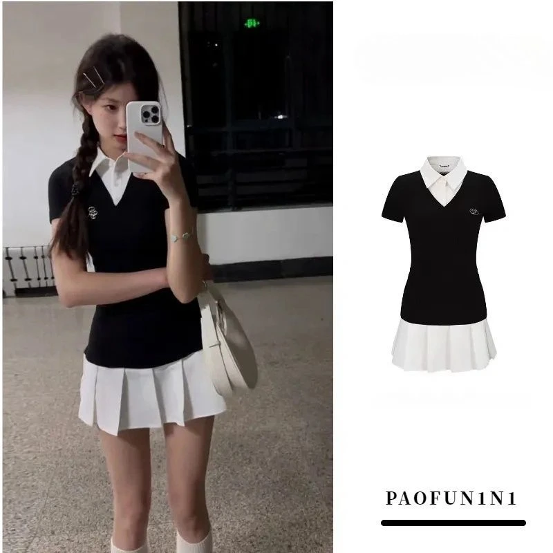 夏日一整套穿搭女2025学院风小个子辣妹穿搭JK拼接修身百褶连衣裙