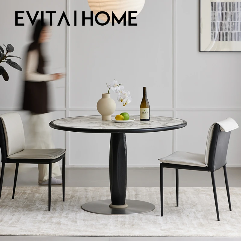 EVITA Home橄榄圆桌法式奶油家用小户型宝格丽岩板餐桌现代简约洽