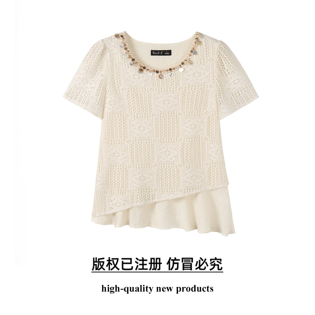 奢姿大码女装2025夏季减龄镂空假两件时尚T恤胖妹妹休闲百搭上衣