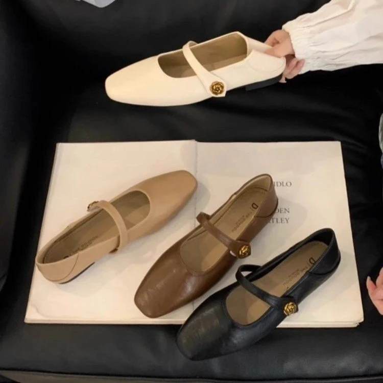 2025年春秋韩版小香风chic软底软皮方头浅口一字扣平跟玛丽珍鞋