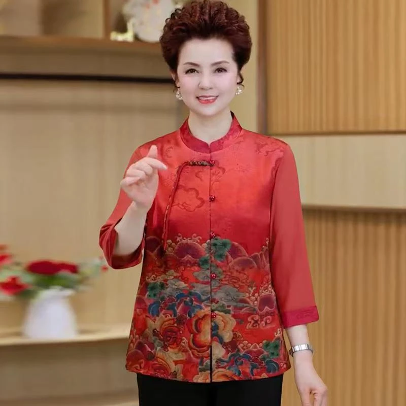 10577-妈妈夏季短袖上衣中老年女新中式薄款夏季中袖t袖小衫