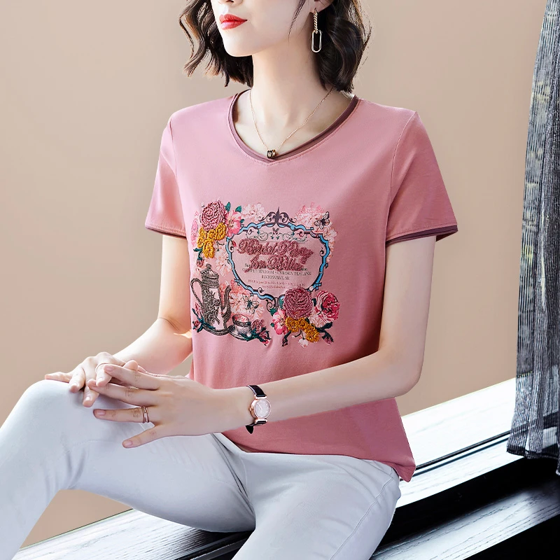 品质短袖t恤女刺绣印花夏季夏装上衣高级莫代尔棉V领体恤小衫