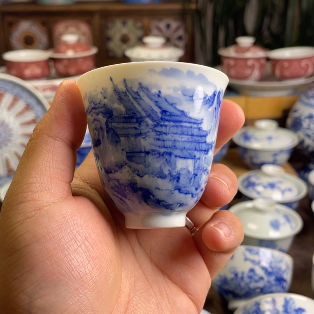 三***•青花山水亭台楼阁杯子