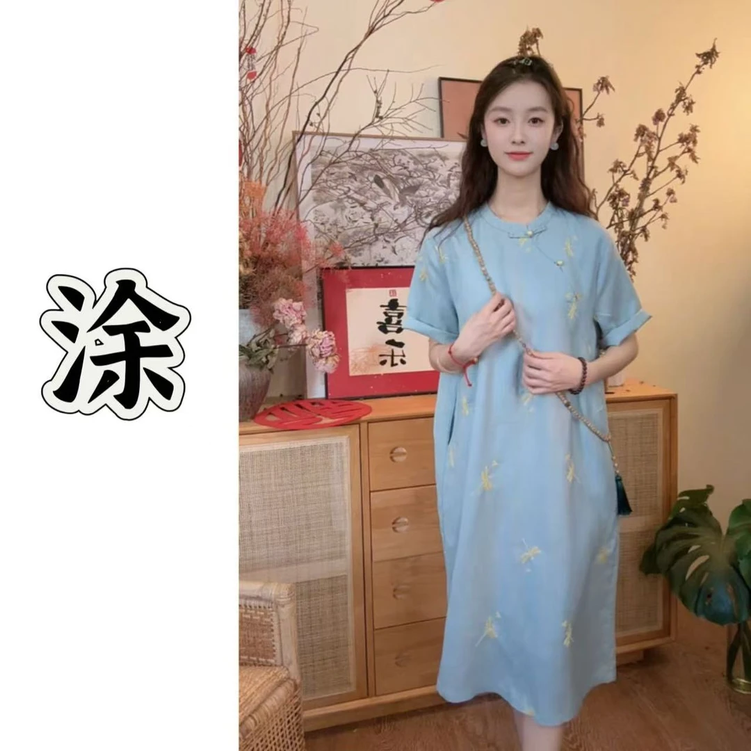 涂涂国风【蜻蜓】原创设计新中式夏季亚麻禅意刺绣小蜻蜓连衣裙