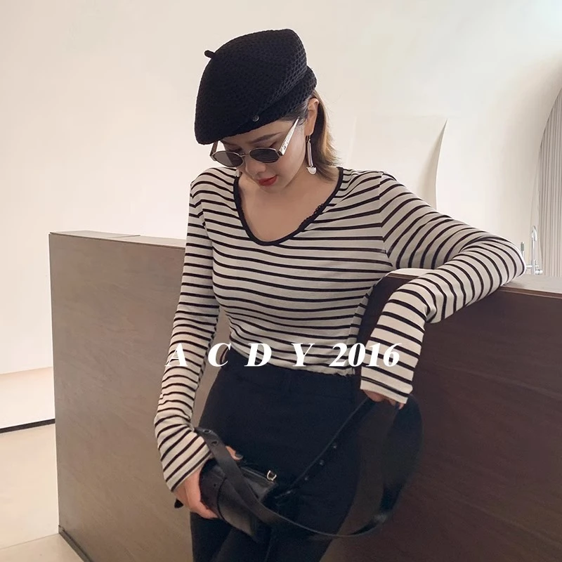 ACDY 【曼妙】新款T恤女时尚简约显瘦百搭条纹长袖上衣5DCTX25753