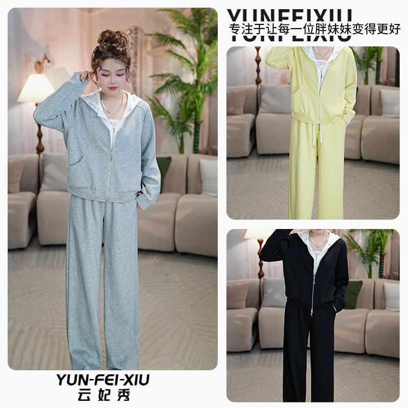 云妃秀大码女装套装蕾丝拼接上衣裤子二件套显瘦微胖夏季25155AB