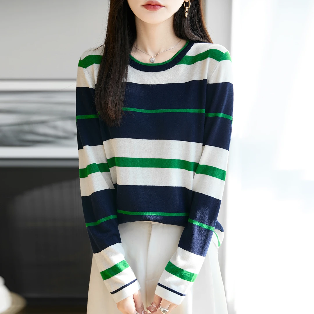 正品哥弟新款秋季条纹撞色天丝羊毛针织衫时尚休闲洋气通勤打底衫