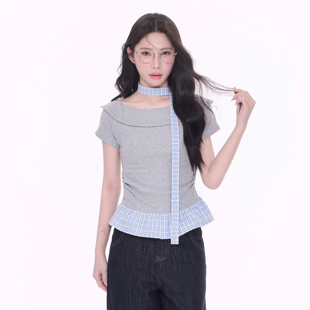 NCXK-假两件拼接格子短袖T恤修身掐腰显瘦带挂脖DX25094