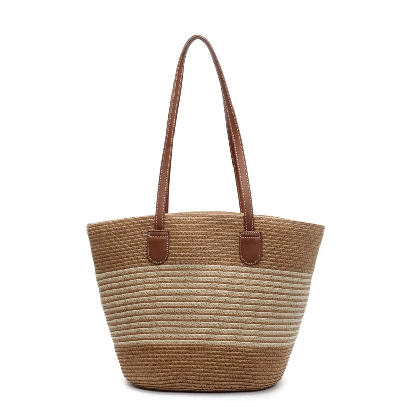 中号棕色米白细条纹草编包包【B39】
