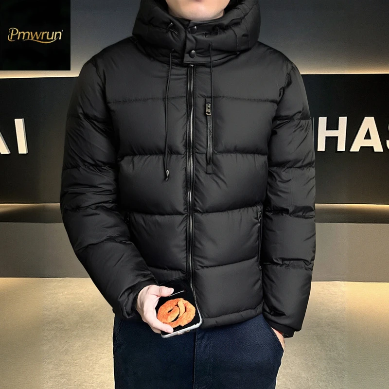 新款冬季男士百搭羽绒服加厚防风保暖连帽纯色时尚休闲面包服外套