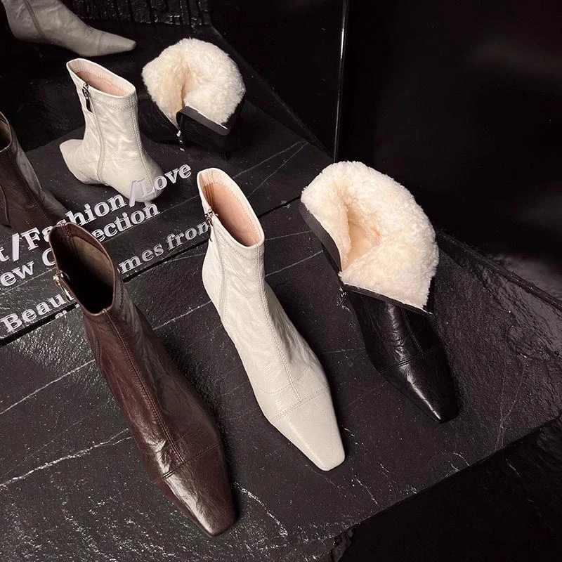 真皮法式气质方头小猫跟手抓纹羊皮冬季绒雪地靴黑色短靴女加绒