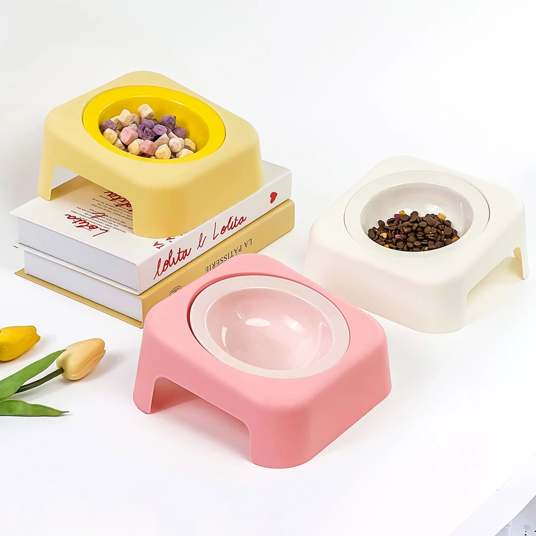 奶油风飞碟碗带倾斜碗架家用纯色陶瓷碗护颈猫碗狗碗防打翻宠物碗