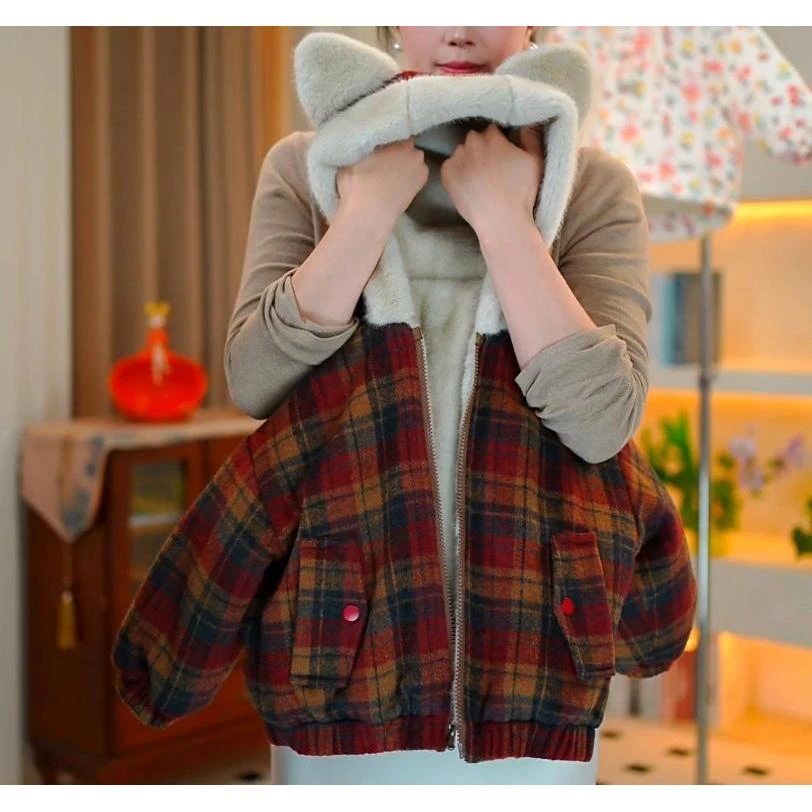 【佳琪妈】2025极寒系列英伦风复古格子加毛加厚连帽棉服女童-7170#