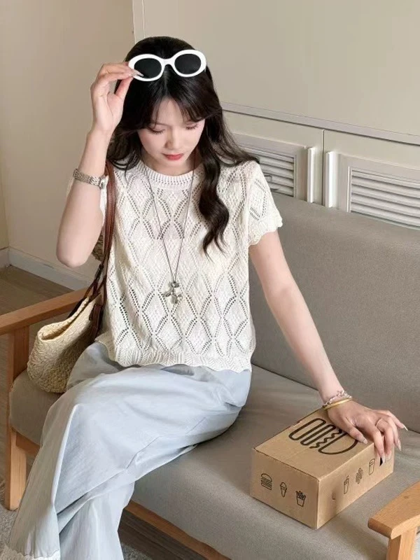 镂空夏季薄款纯色外穿圆领上衣落肩袖休闲针织衫