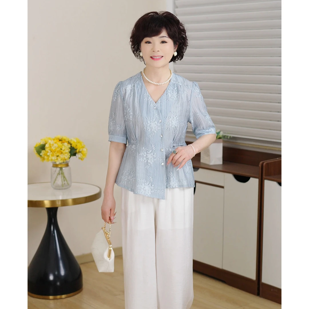 MUYUEZI/中年妈妈夏新款洋气中老年时尚大码新中袖显瘦上衣套装