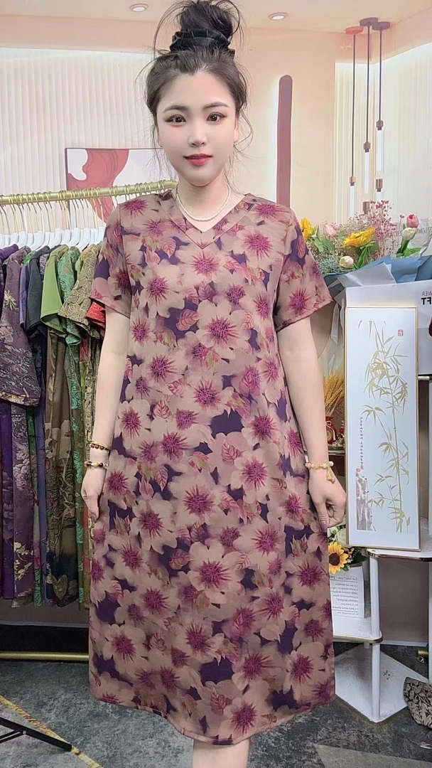 【紫色太阳花】2025夏季新款时尚气质显瘦百搭中长款妈妈装