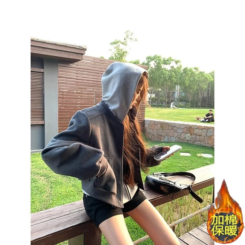 复古拼接百搭短款夹克外套女秋冬季加棉加厚休闲棒球服上衣潮ins