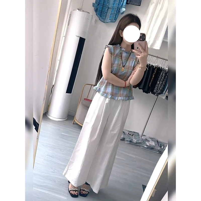 法式独特绝美减龄木耳边小飞袖蓝色格子小上衣女夏季韩里韩气小衫