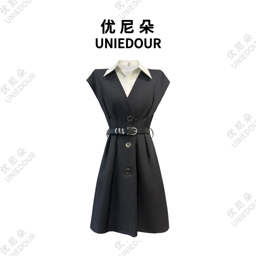 UNIEDOUR/优尼朵设计感假两件衬衫连衣裙夏新款修身裙8038显瘦