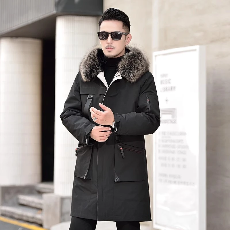 冬季新款男獭兔皮毛一体内胆长款派克服尼克服大貉子毛领