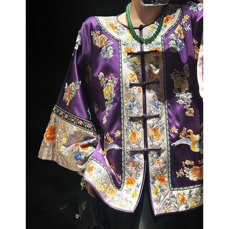 新中式重工刺绣紫色醋酸外套女2025春季国风清宫对襟盘扣唐装上衣