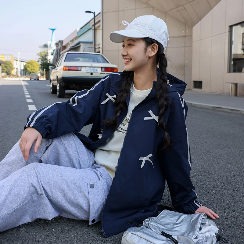 初中生外套春秋装2025新款少女宽松连帽洋气蝴蝶结高中学生休闲衣