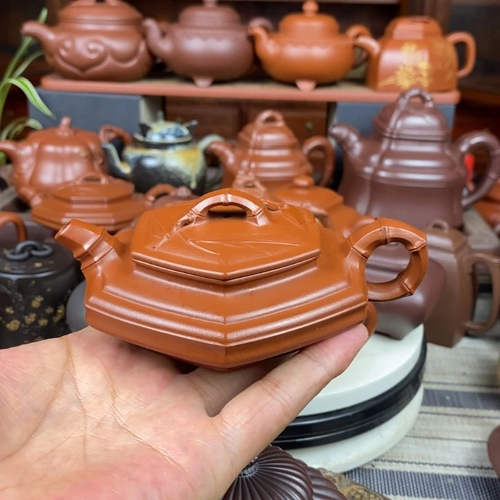 茶壶紫砂六方扁竹150cc原矿赵庄朱泥特价