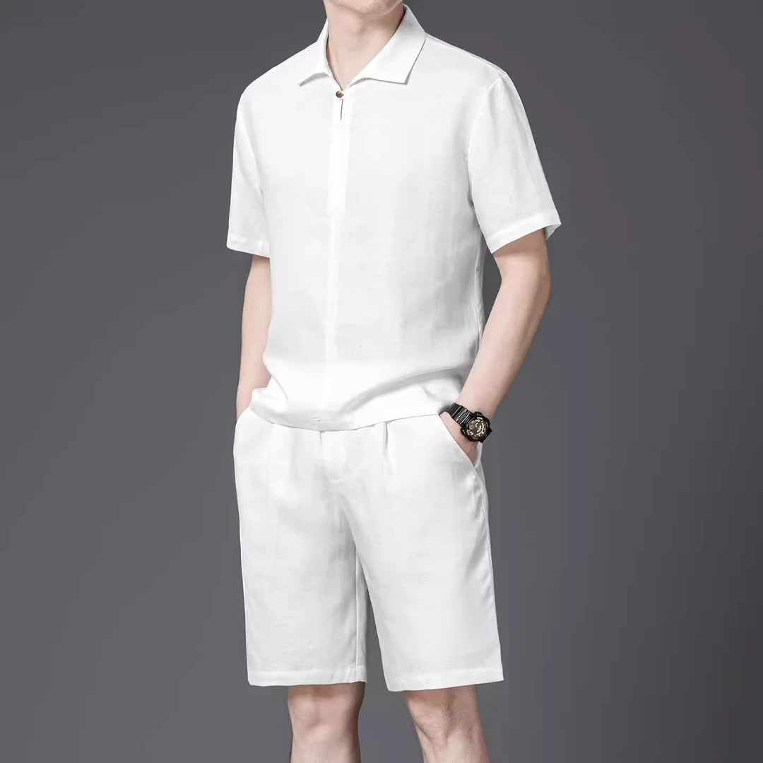 天丝亚麻薄款两件套男翻领短袖T恤短裤夏季潮流中国风休闲裤套装