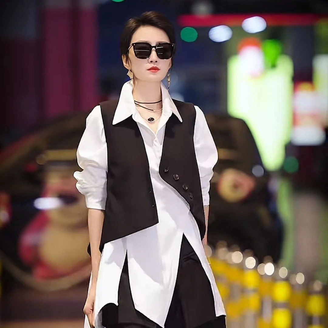 1038套装女2025年春季时尚百搭气质高级感黑色马甲衬衫短裤三件套