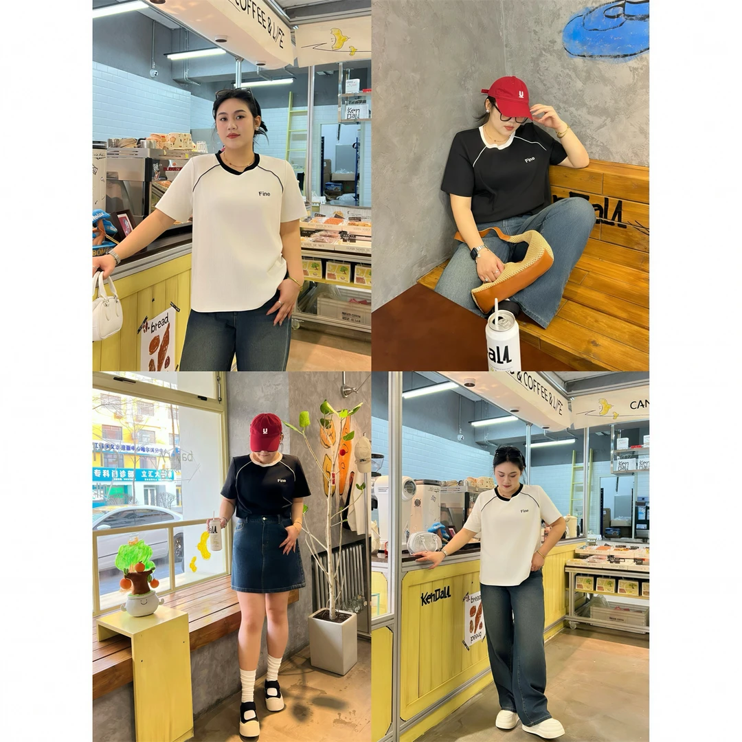 薄荷岛屿 / 撞色款奥代尔短袖T恤14004花契大码200斤胖mm休闲时尚