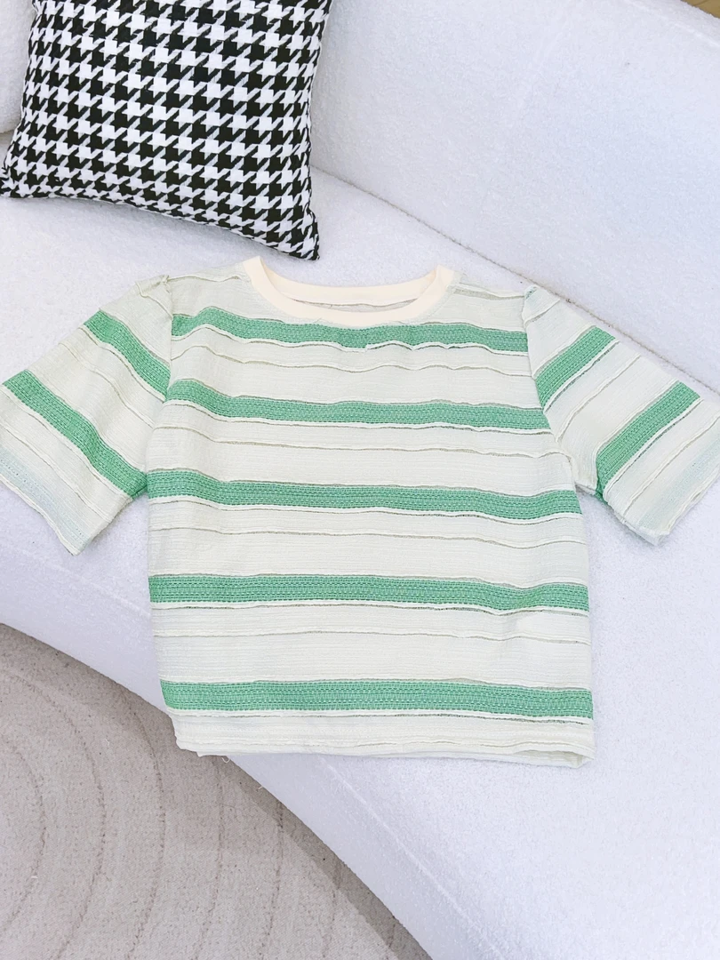 丨春季新款撞色条纹圆领短袖T桖百搭宽松上衣  AL0041