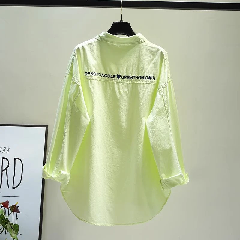 专柜撤回荧光黄色刺绣字母中长款衬衫女2025韩范宽松休闲上衣韩版